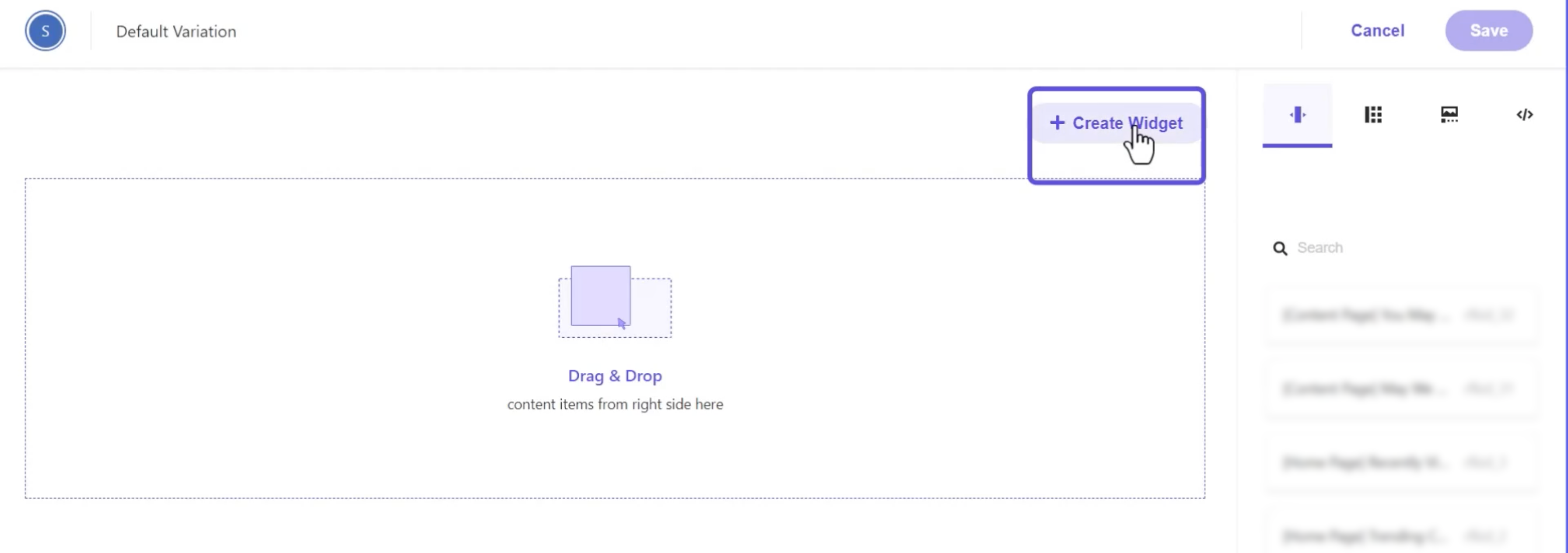 Drag and drop interface for creating and positioning widgets on a website layout.