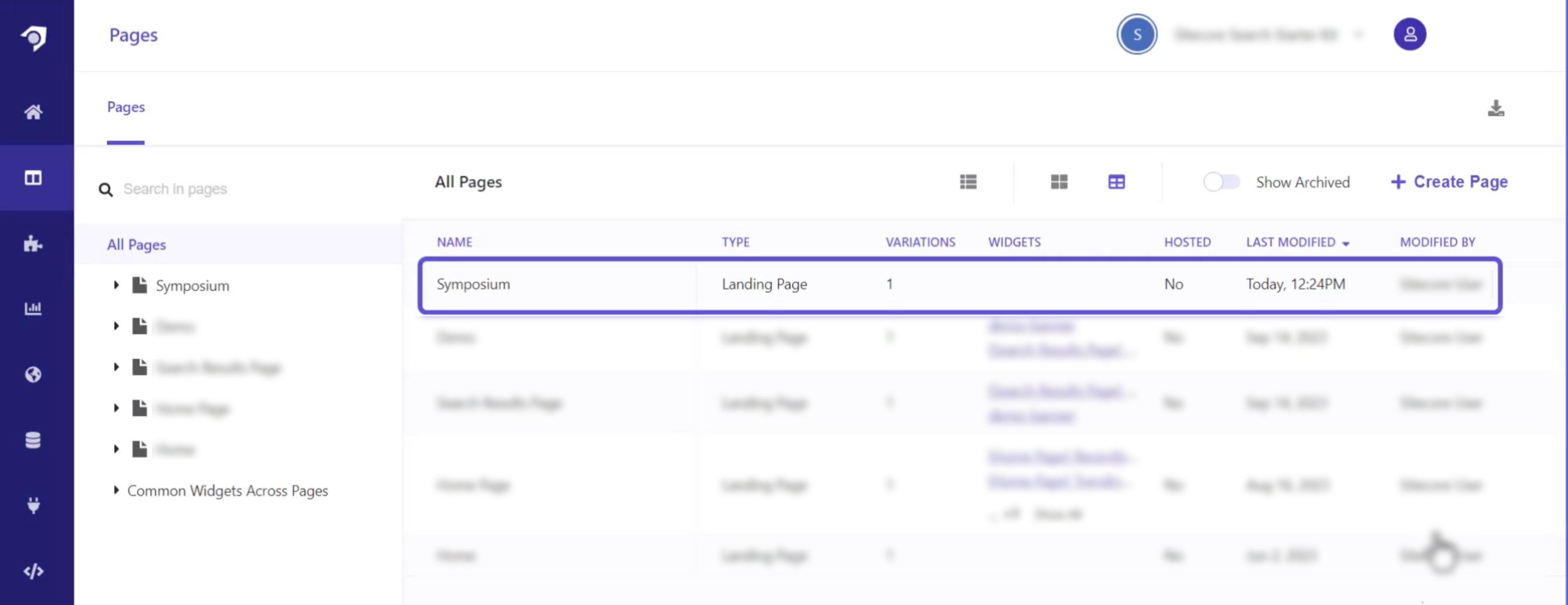 Overview of a content management system interface showing pages with type, variations, widgets, and modification details.