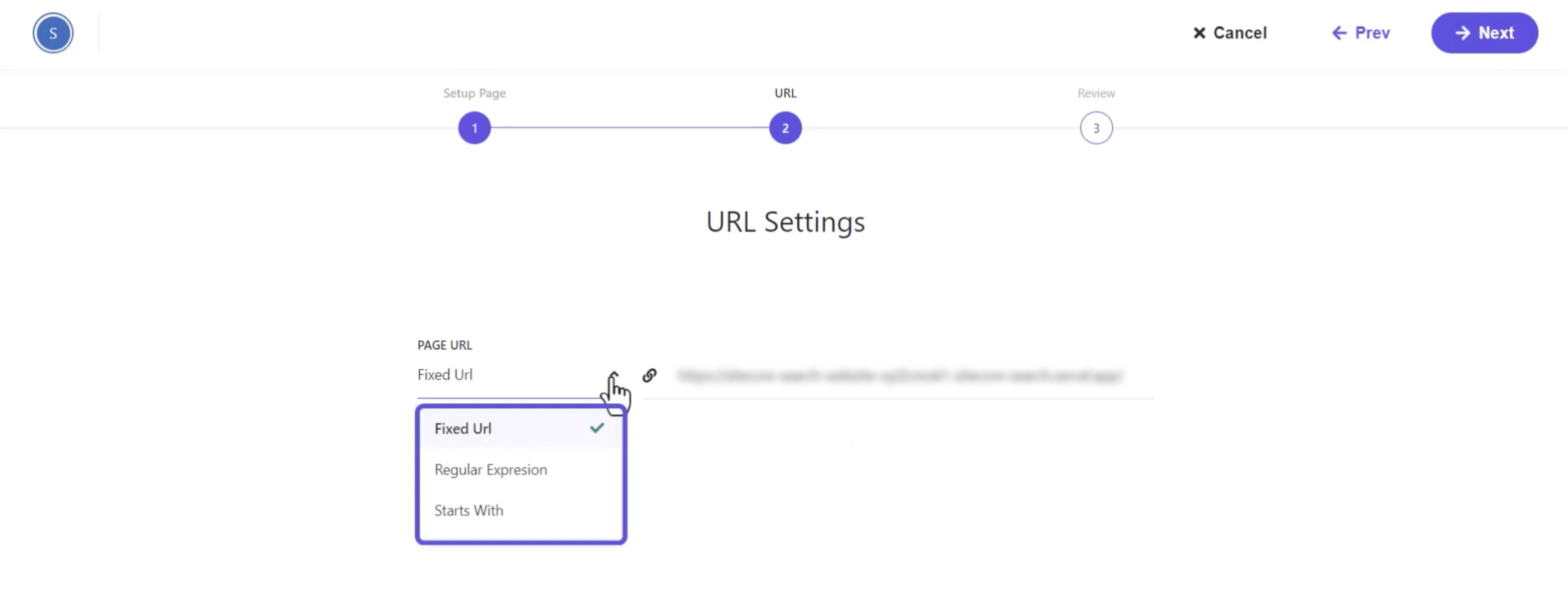 URL settings interface for a web page, allowing selection between fixed URL, regular expression, or starts with options.