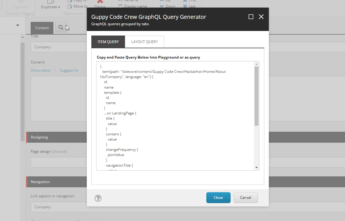 Screenshot of a GraphQL query generator interface with a sample query displayed.