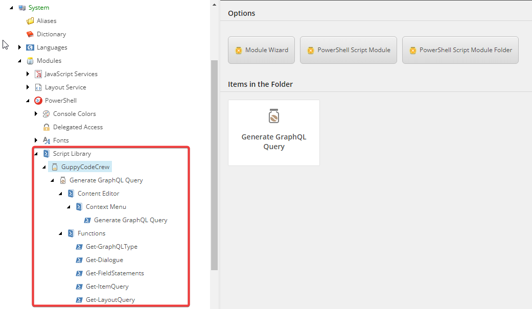 Screenshot of a content management system's script library highlighting the Generate GraphQL Query function.