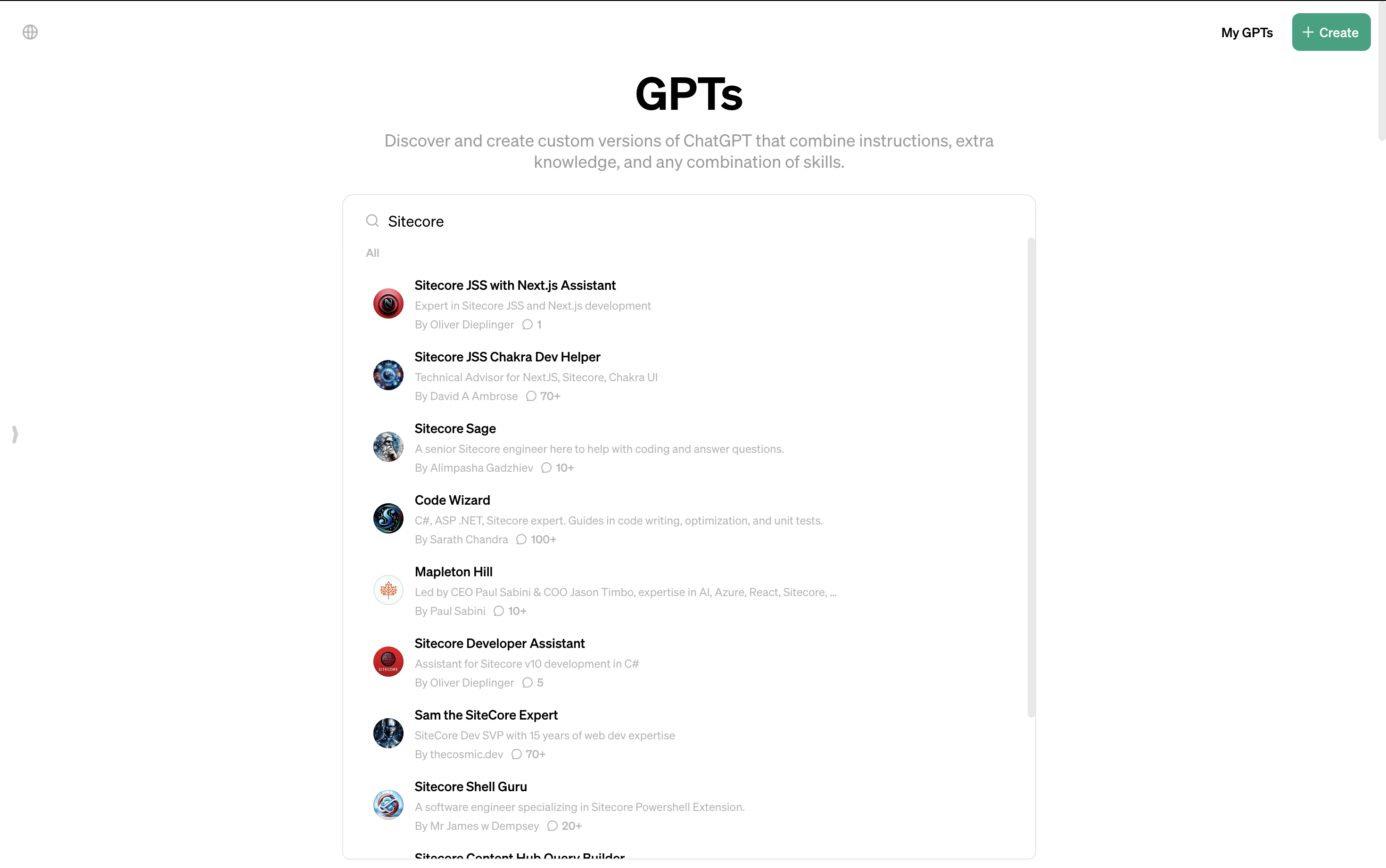 Screenshot showing the GPTs page on OpenAI, featuring multiple custom GPTs related to Sitecore development.