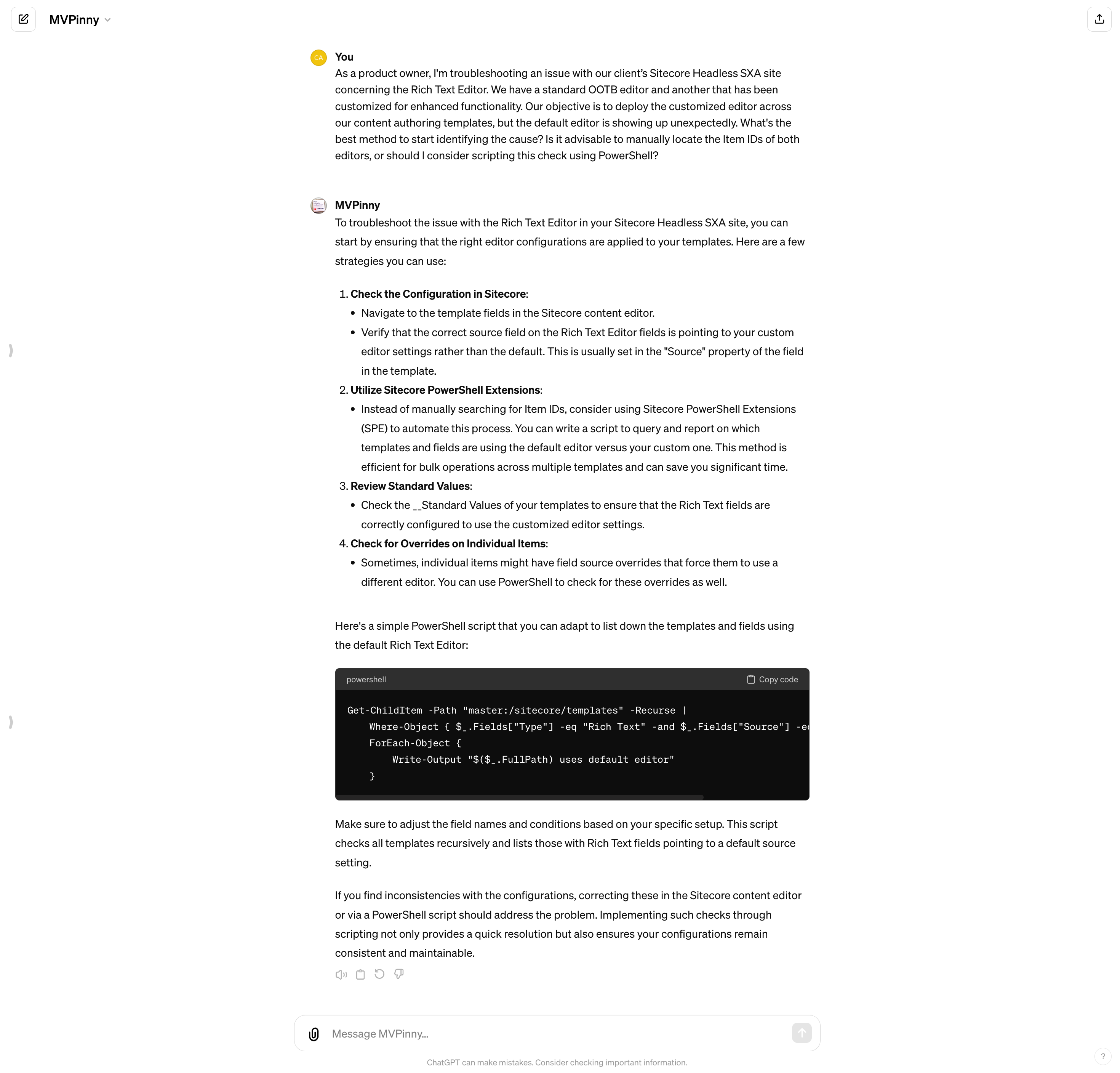 Image of a conversation providing steps on how to troubleshoot the Rich Text Editor issue in Sitecore using PowerShell.