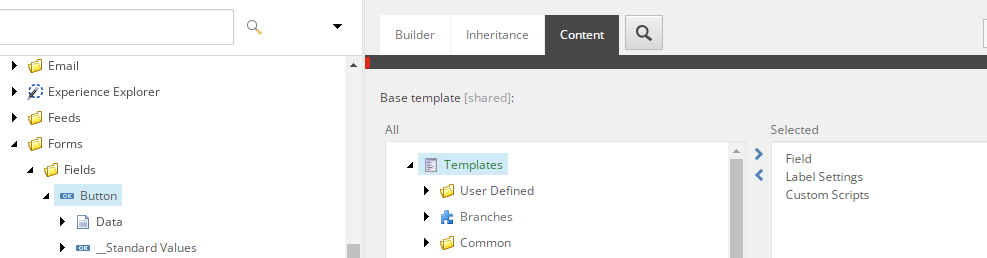 CMS screen displaying button properties with options for model type and view path