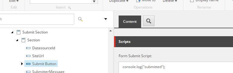 CMS forms section highlighting custom scripts with options for form submit script