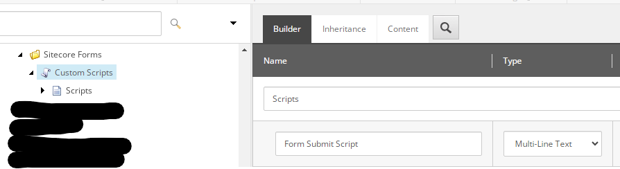 CMS interface showing settings for a form submit button including script options