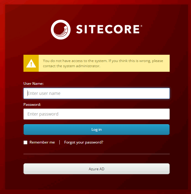 Login screen on Sitecore showing a warning about restricted access with fields for user name and password