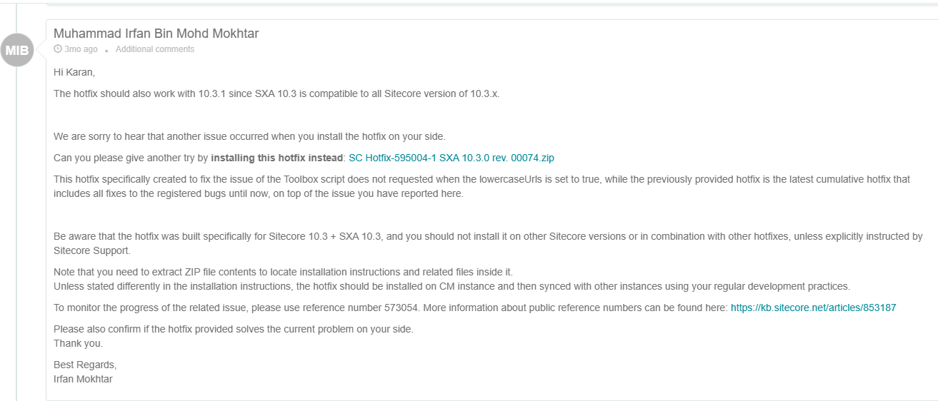 Screenshot of an email from Irfan Mokhtar about a Sitecore hotfix for SXA 10.3.0 compatibility.