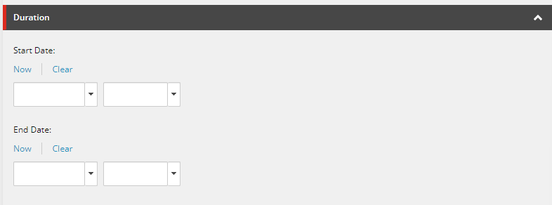 Screenshot of a user interface for selecting a start and end date with "Now" and "Clear" options.