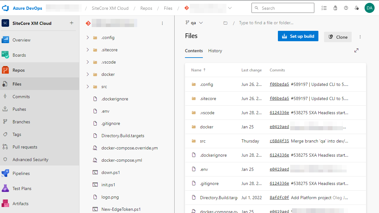 Screenshot of the Azure DevOps interface showing the Sitecore XM Cloud repository files and recent commits.