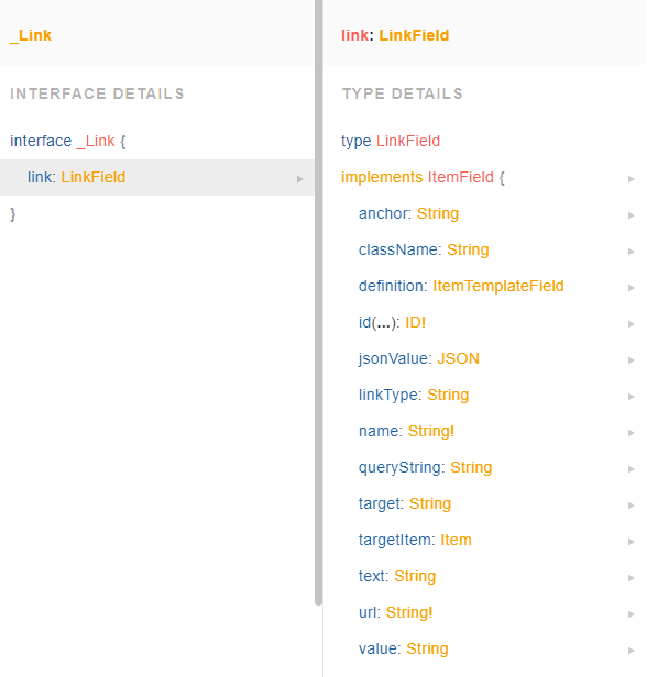 Screenshot of code interface details showing a link field structure.