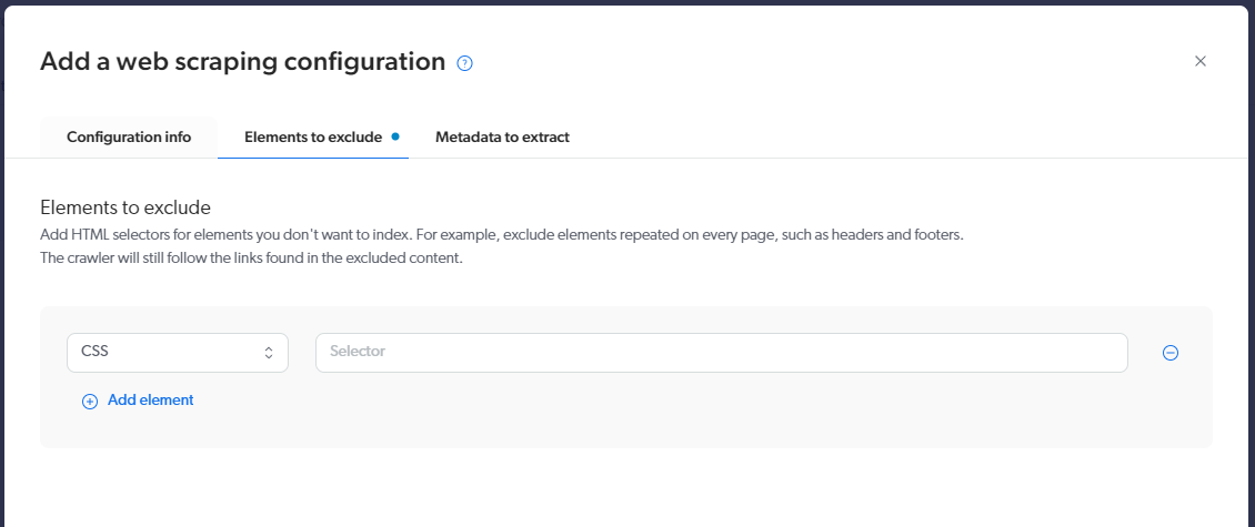 Form for excluding elements in Coveo's web scraping configuration.