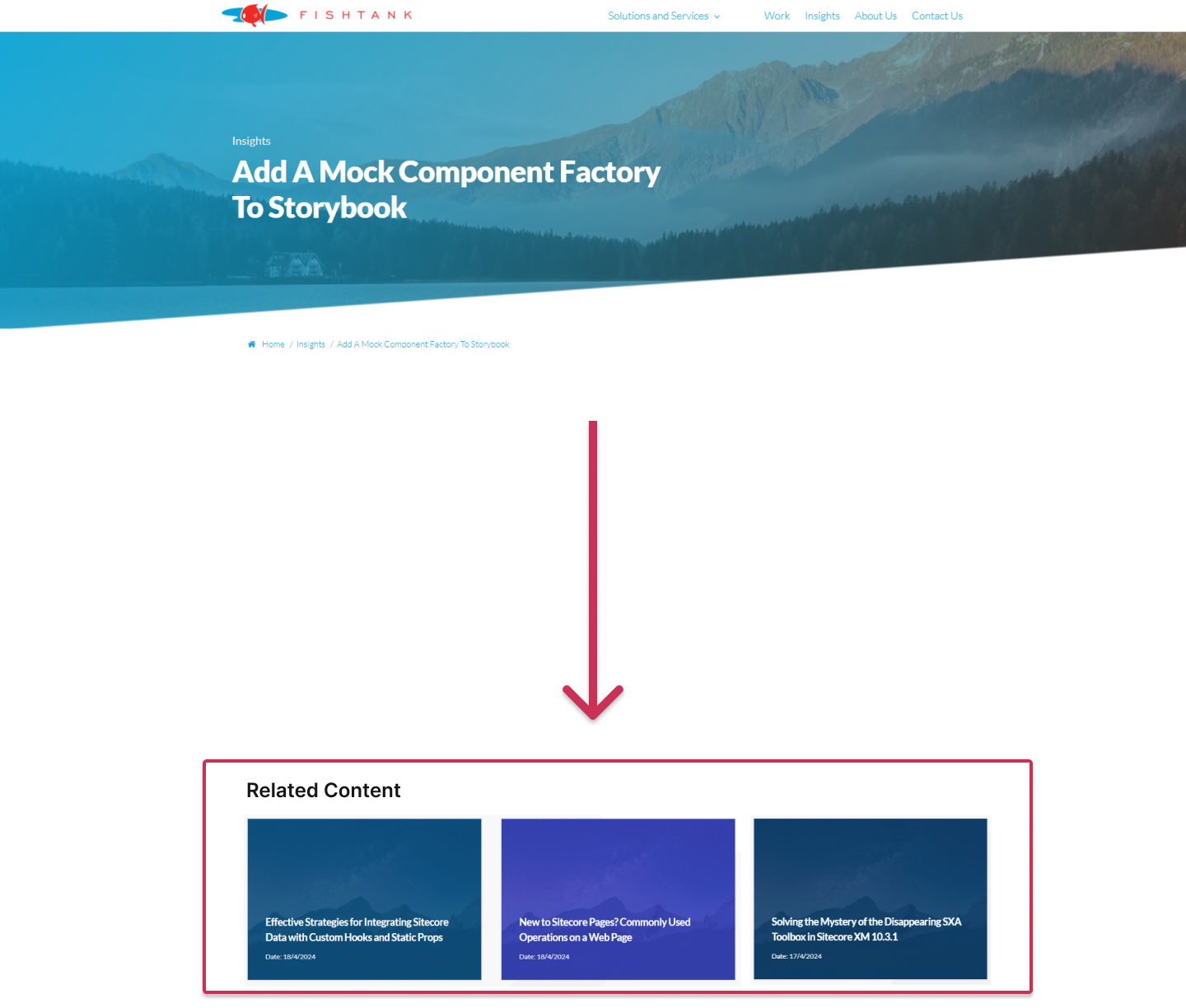 Screenshot outlining a related content component on a mock blog page on the Fishtank website
