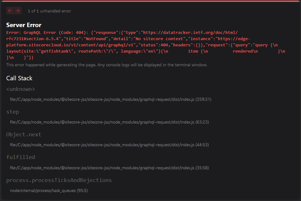 Error message from a Sitecore GraphQL server indicating a 404 not found error.