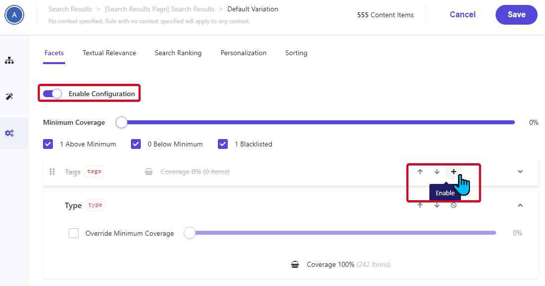 Screenshot of a configuration toggle for search result settings within Sitecore.