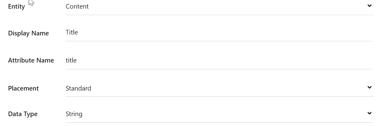 Screenshot of a content management system's entity display configuration with Title and Placement settings.