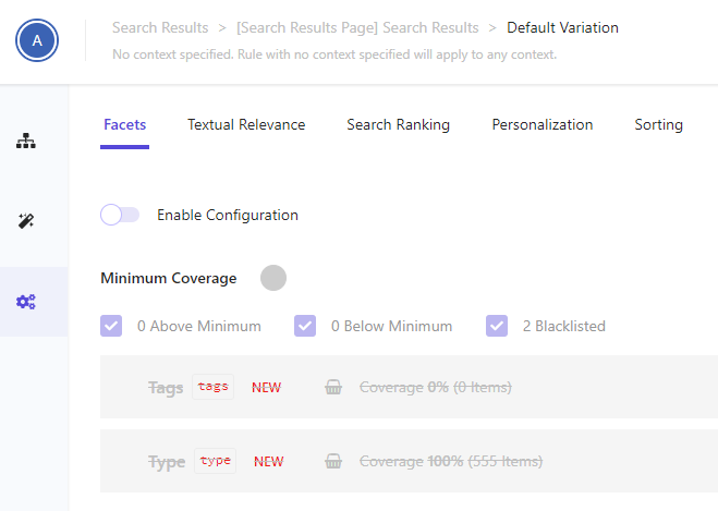 Screenshot displaying search result configuration settings with tags and types in Sitecore.