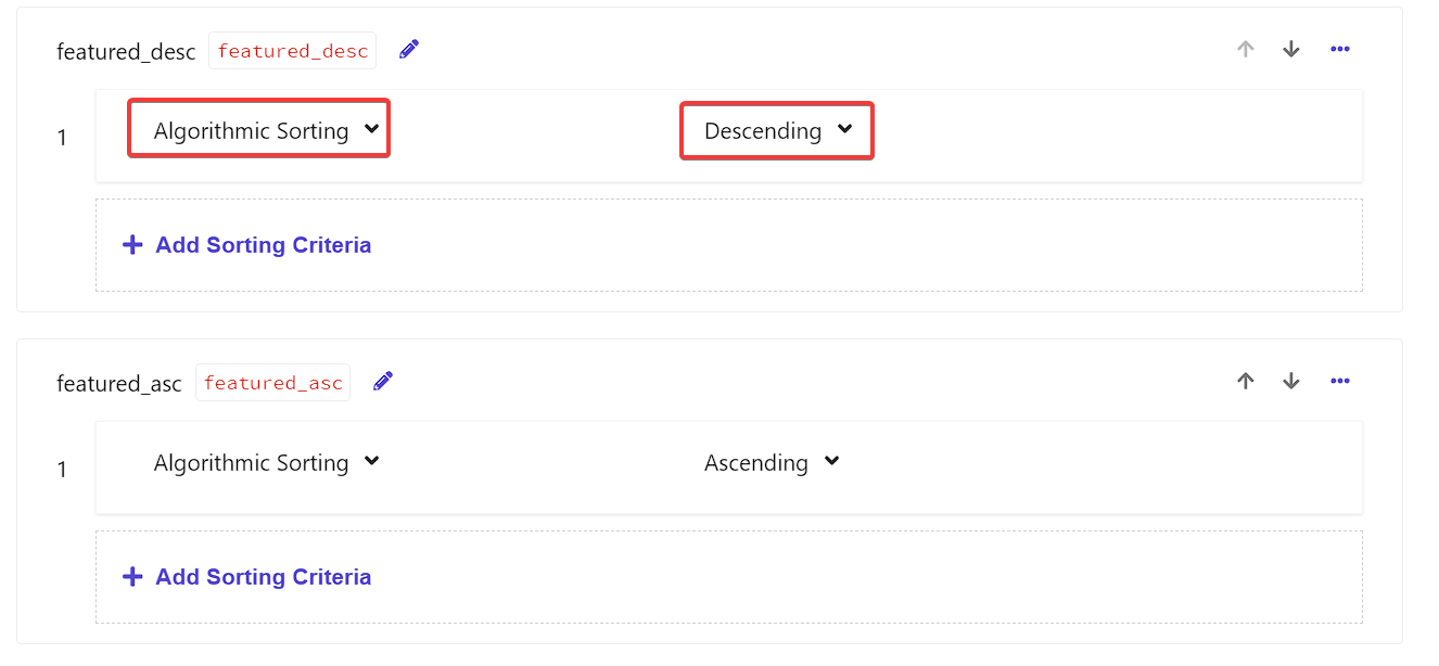 Screenshot of a sorting criteria interface with options for algorithmic sorting in descending and ascending order.