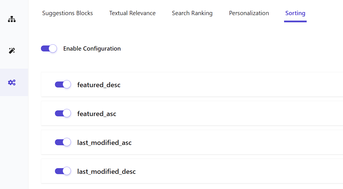 Screenshot showing toggle switches for various sorting features including featured and last modified settings.