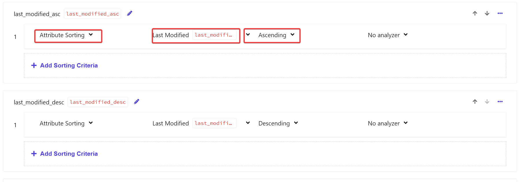 Screenshot showing configuration for sorting by Last Modified date in ascending and descending order.