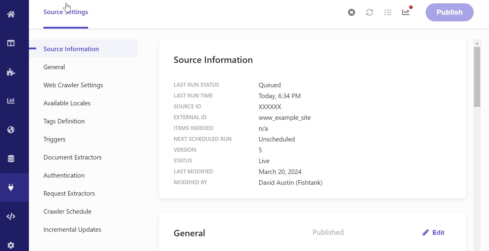 Screenshot of source settings showing status, scheduling, and last run details for a web crawler.