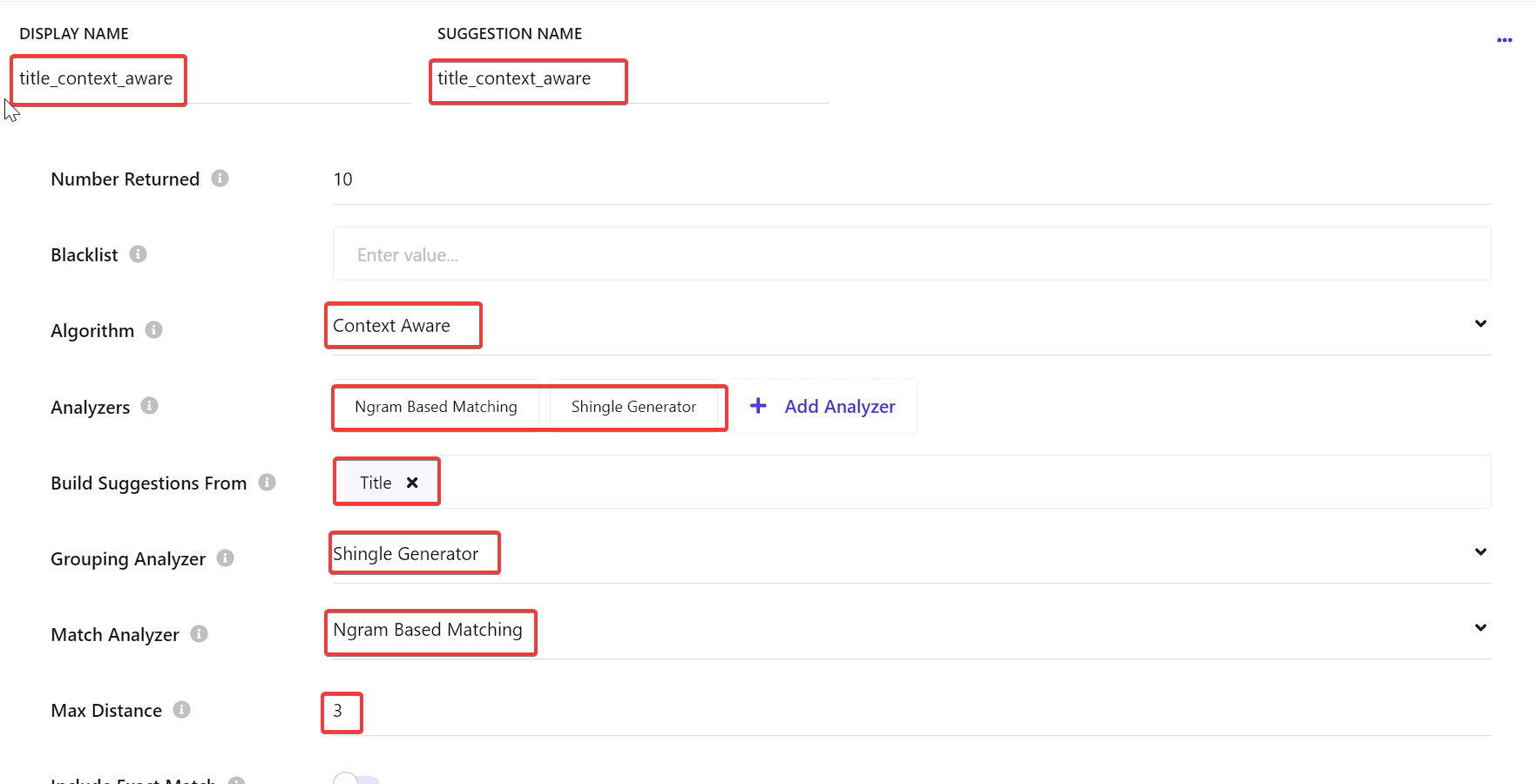 Screenshot of context-aware title suggestion configuration with various algorithm and analyzer settings.