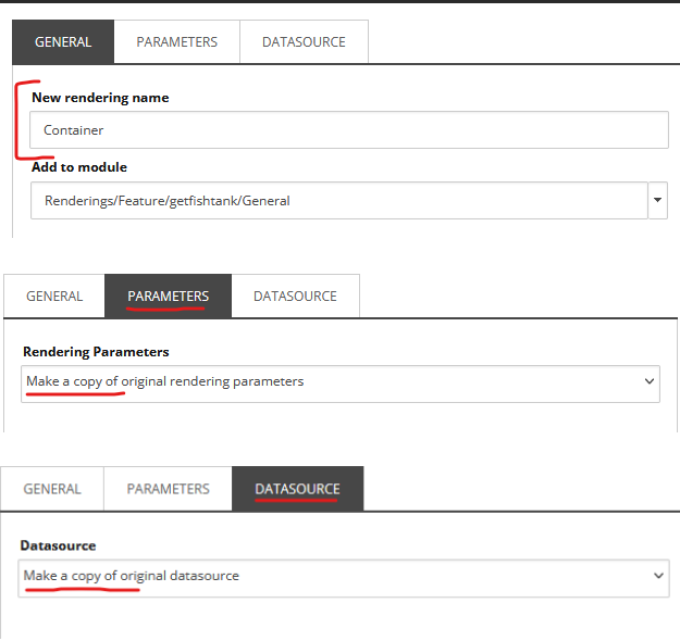 Interface for adding a new rendering name and selecting the module location