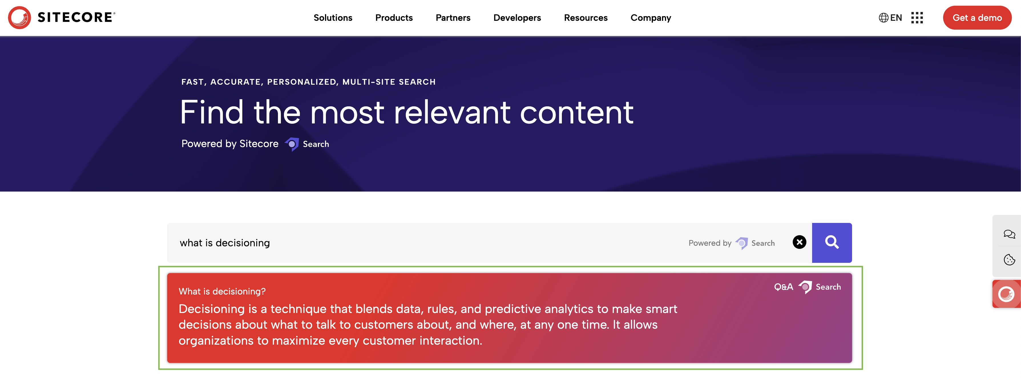 Question and Answer box within Sitecore search detailing decisioning techniques.