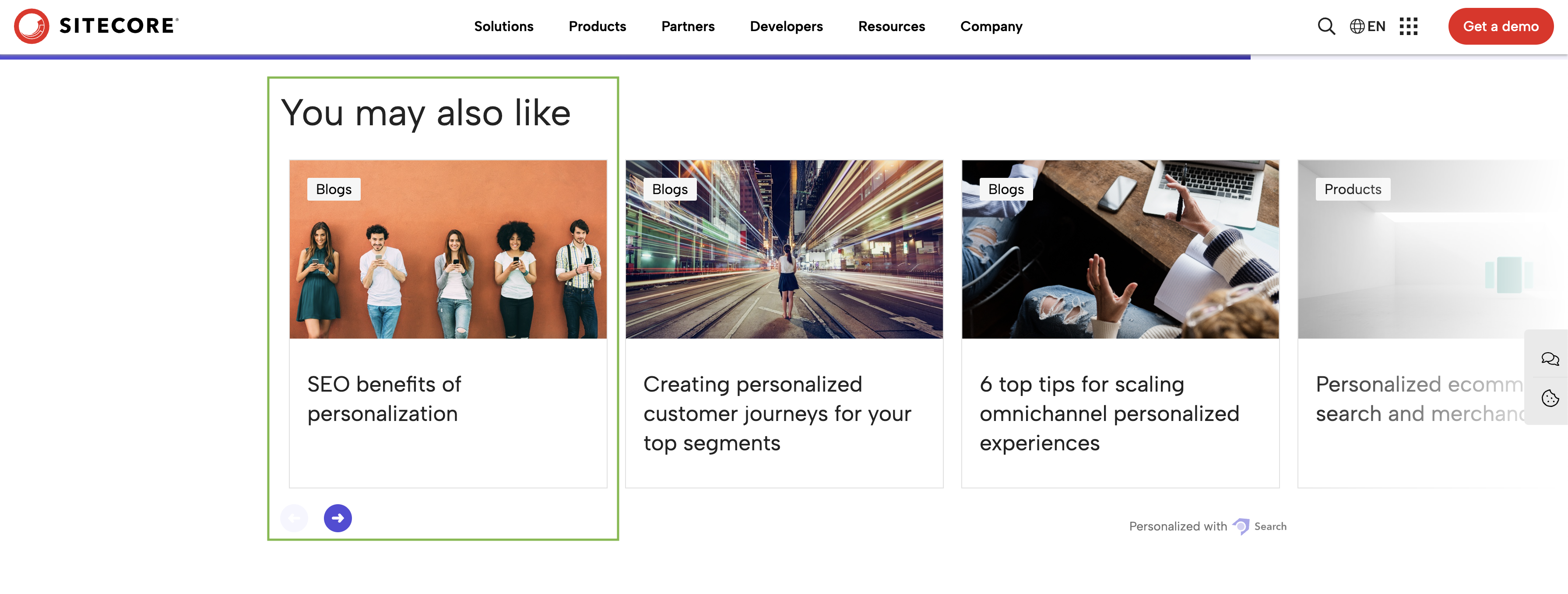 Section suggesting related content like blogs and product recommendations on Sitecore.