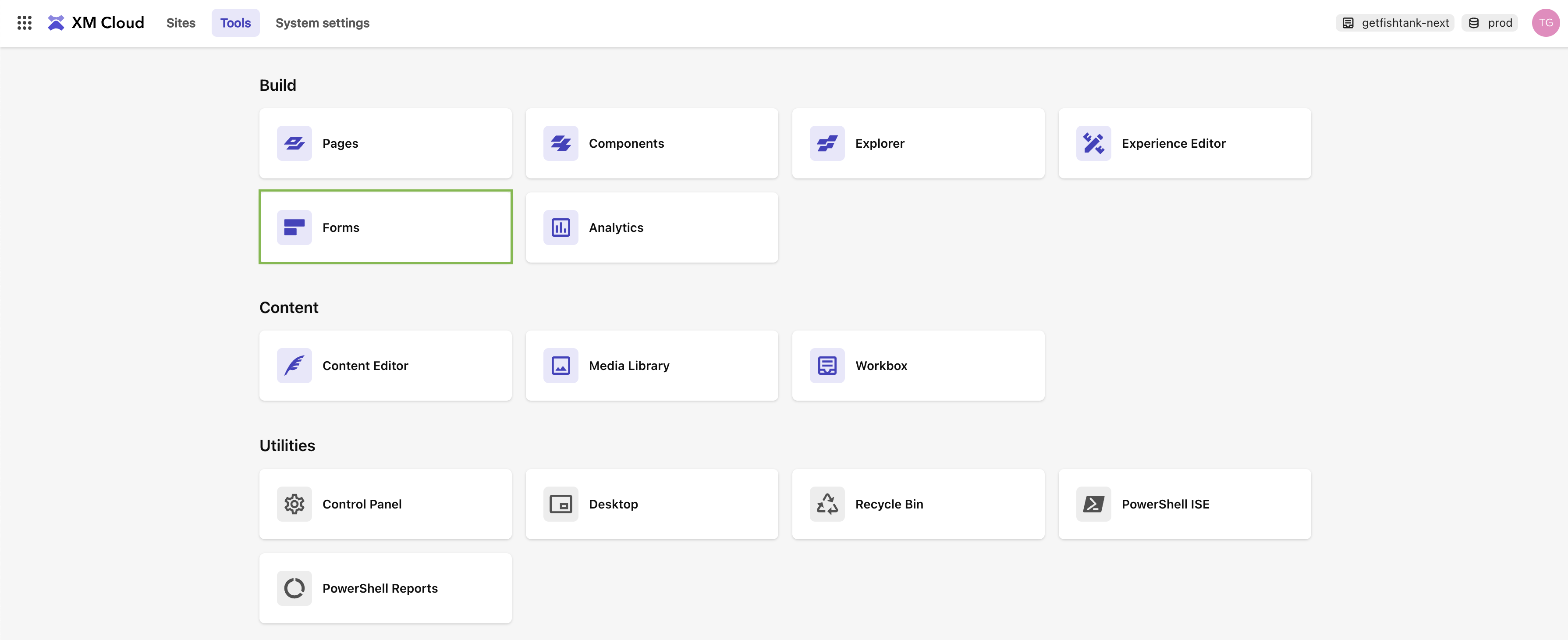 Dashboard of Sitecore XM Cloud showing various tools including a selected 'Forms' option.