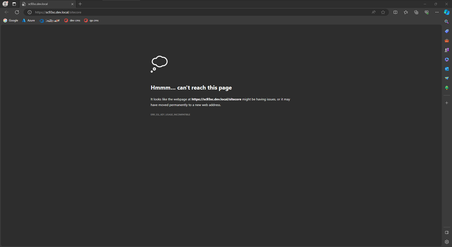 Screenshot of 'err_ssl_key_usage_incompatible' Sitecore error image