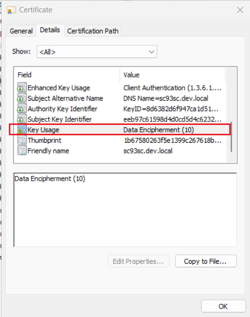 Certificate properties window displaying fields such as Key Usage and Subject Key Identifier for a local development site certificate