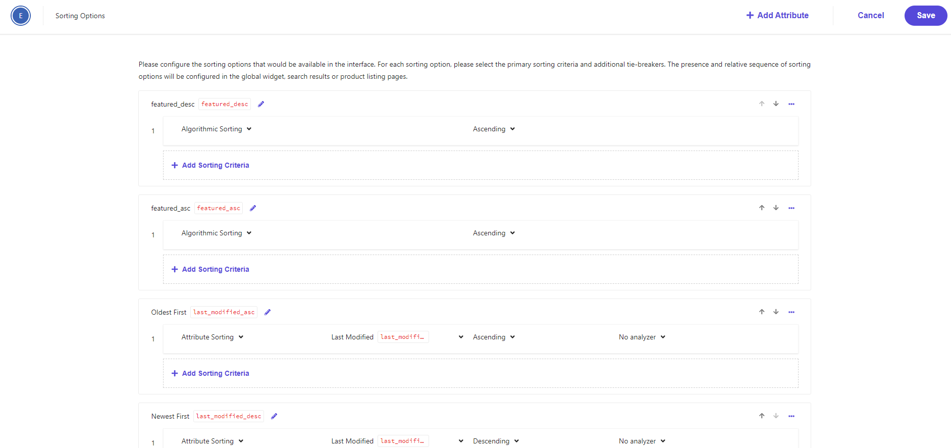 Display of various sorting options available for widgets.