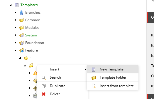 Dropdown menu in Sitecore with options for new template, template folder, and insert from template.