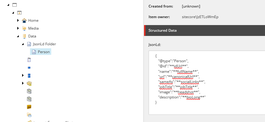 Display of a Sitecore content tree with a JSON-LD folder including structured data definitions.