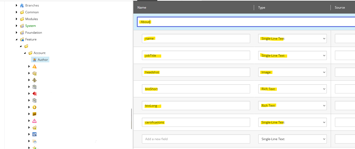 Sitecore content tree for an author profile showing fields for name, job title, and bio.