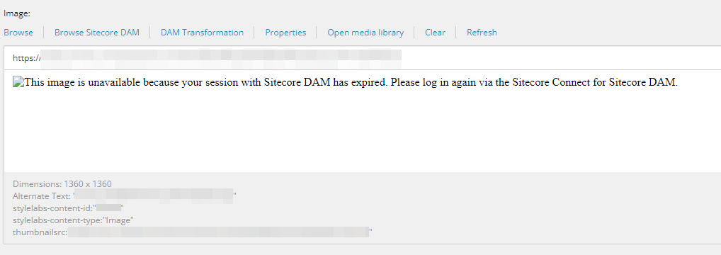 Notification of expired session in Sitecore DAM, prompting user to log in again.