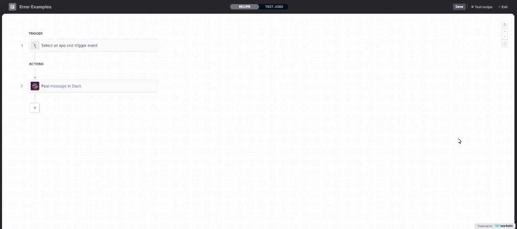 Workato platform showing a simple workflow configuration.