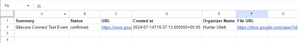 Google Sheets displaying detailed entries from a Google Calendar event automation, including summary, status, and URL.