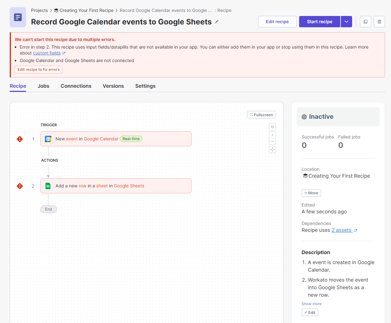 Error message in an automation setup showing issues with field availability and disconnected services in Sitecore Connect.