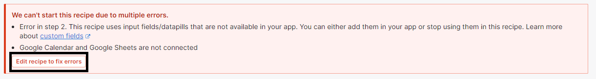 Screenshot showing multiple errors in an automation recipe testing interface related to Google Calendar and Google Sheets.