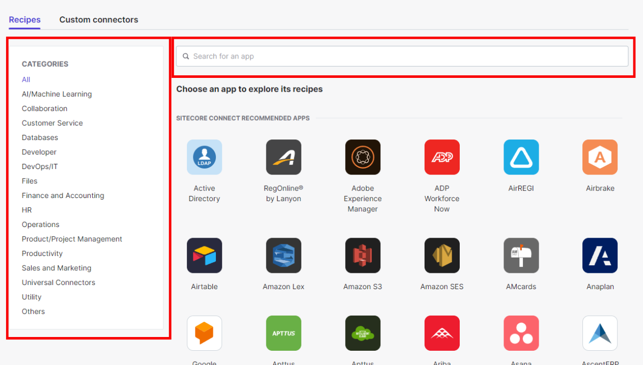 User interface showing a list of available apps and categories for exploring automation recipes in Sitecore Connect.