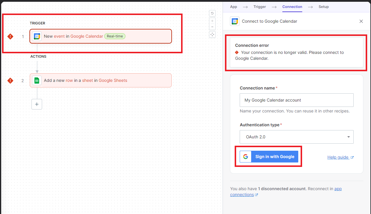 Screenshot displaying connection errors with instructions to reconnect to Google Calendar in an automation workflow.