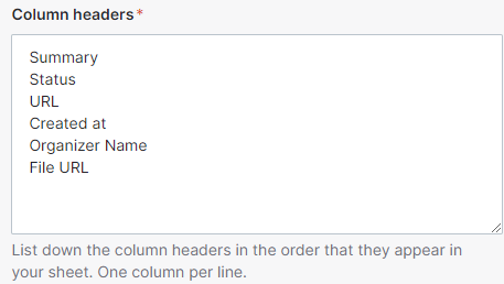 Dialog box for setting up column headers in Google Sheets during an automation setup in Sitecore Connect.