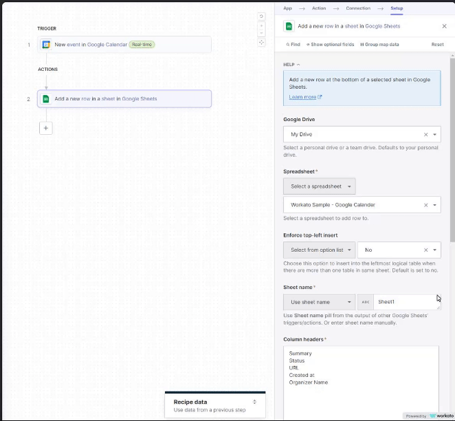 Screenshot of an automation setup interface with a trigger for new events in Google Calendar and an action to add a new row in Google Sheets.