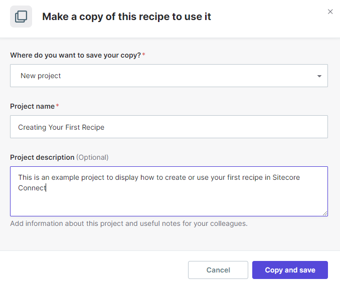 Dialog box in Sitecore Connect for starting a new automation project with fields for project name and description.