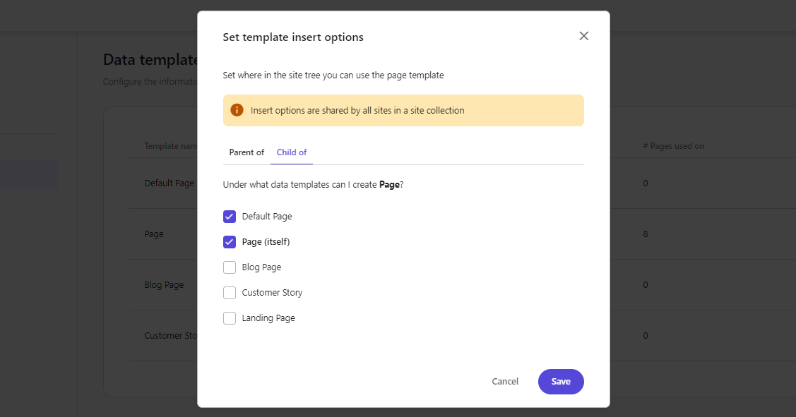 Screenshot of template insert options, showing where templates can be used in the site tree.