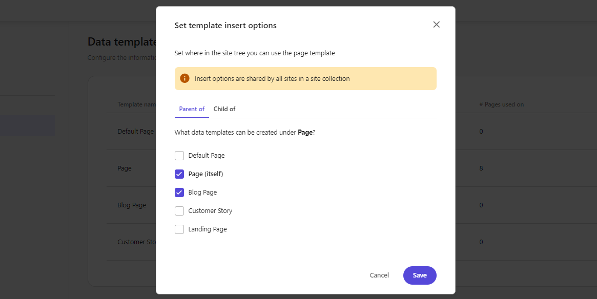 Interface showing insert options for a page template including selections for parent and child page types.