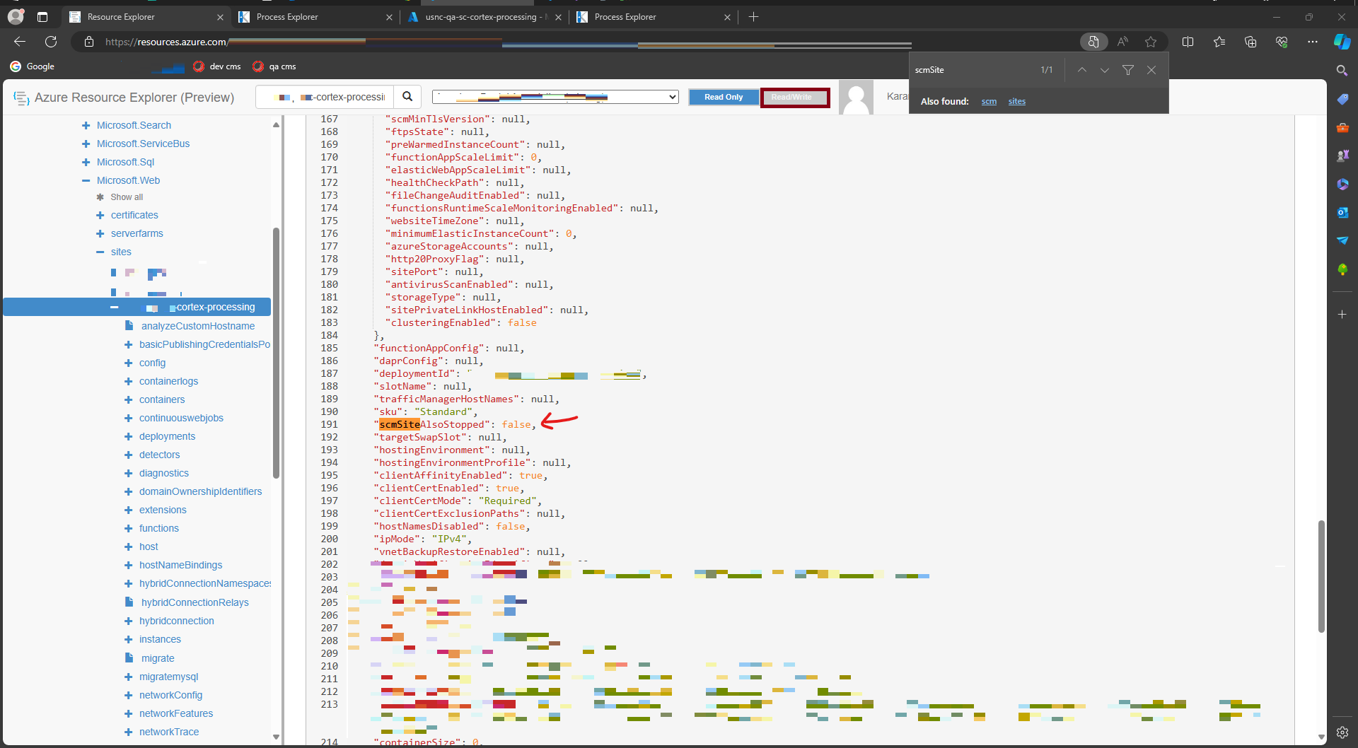 Snapshot of Azure Resource Explorer showing the configuration panel of an app service