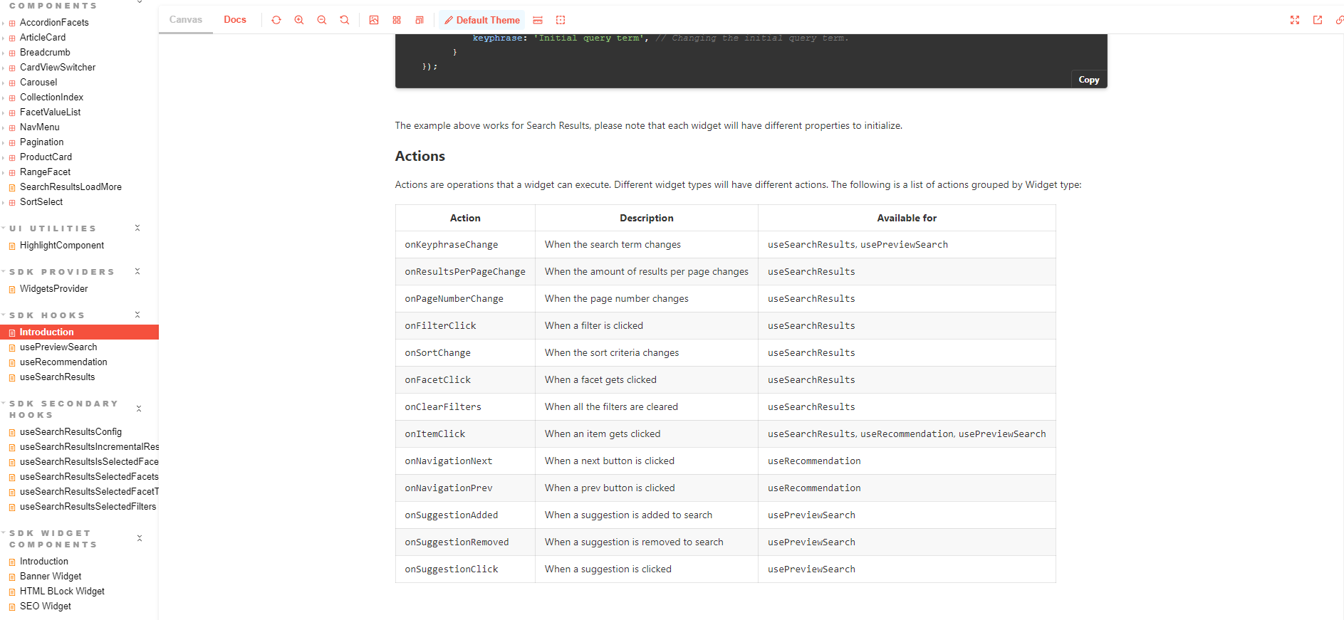 Screenshot of an action list table detailing various operations available for SDK hooks in a code documentation interface.